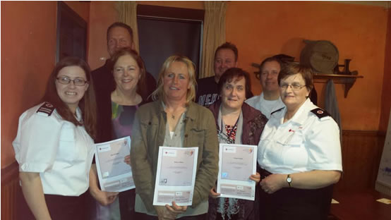 Recently trained volunteers who received their Emergency First Responder certificates – James Mulvihill, Michael O’Meara, Jane Hannigan, Tess O’Meara, Margaret Dunne.  Pictured also is Irish Red Cross trainer Caroline Prout, who was assisted by members Peter Armstrong and Mary Prout.